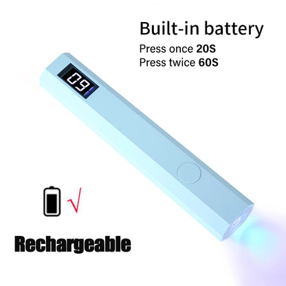 Portable device with digital display and text indicating battery features on a white background