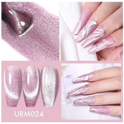 Collage of pink and silver glittery nail polish with application on nails.