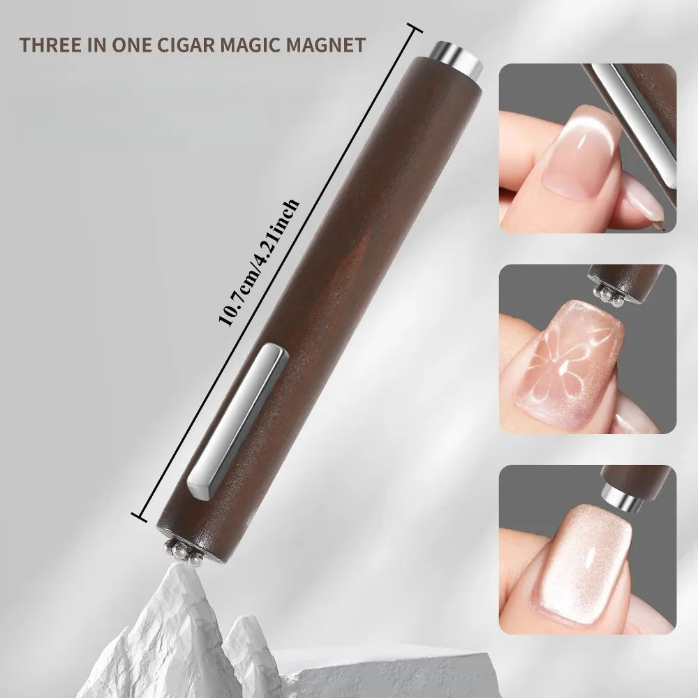 Three-in-one cigar magic magnet with measurements and usage examples on a gray background