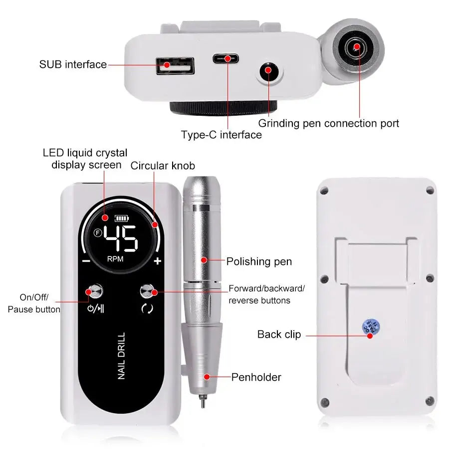 Nail drill with labeled parts on a white background