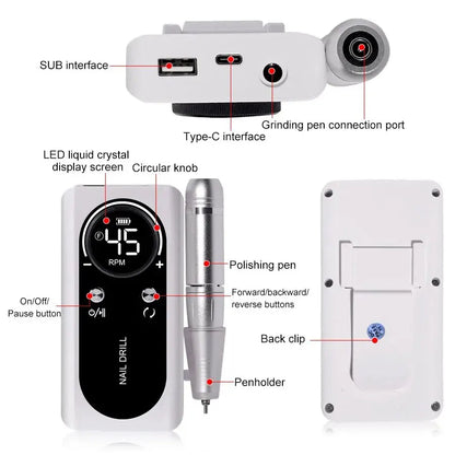 Nail drill with labeled parts on a white background