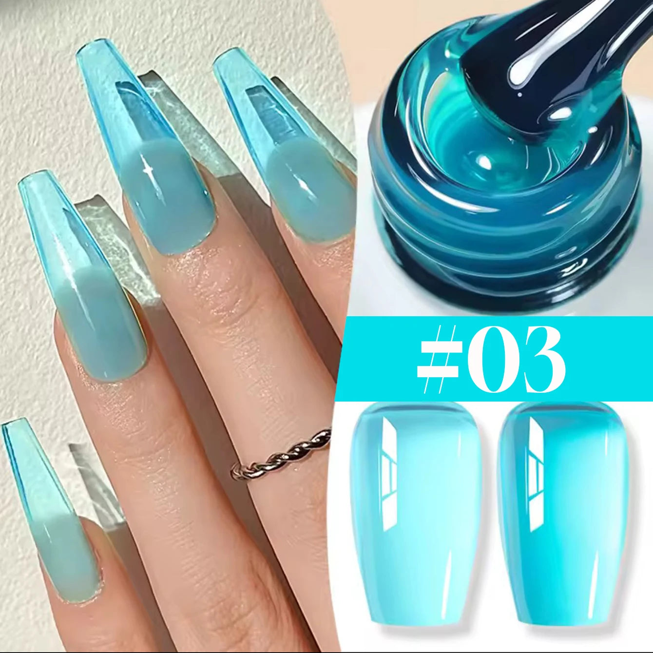Blue gradient nail design with a bottle of blue nail polish.
