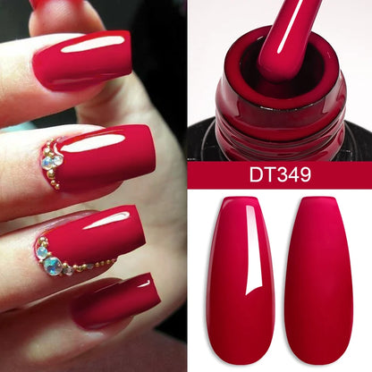 Red nail polish with a bottle and application on nails, featuring color code DT349.