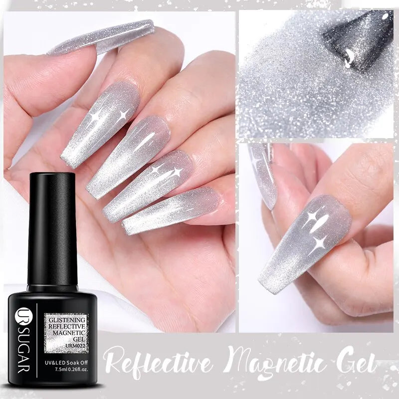 Collage of a hand with silver glittery nails, a bottle of SUGAR reflective magnetic gel, and close-up shots of the gel application.