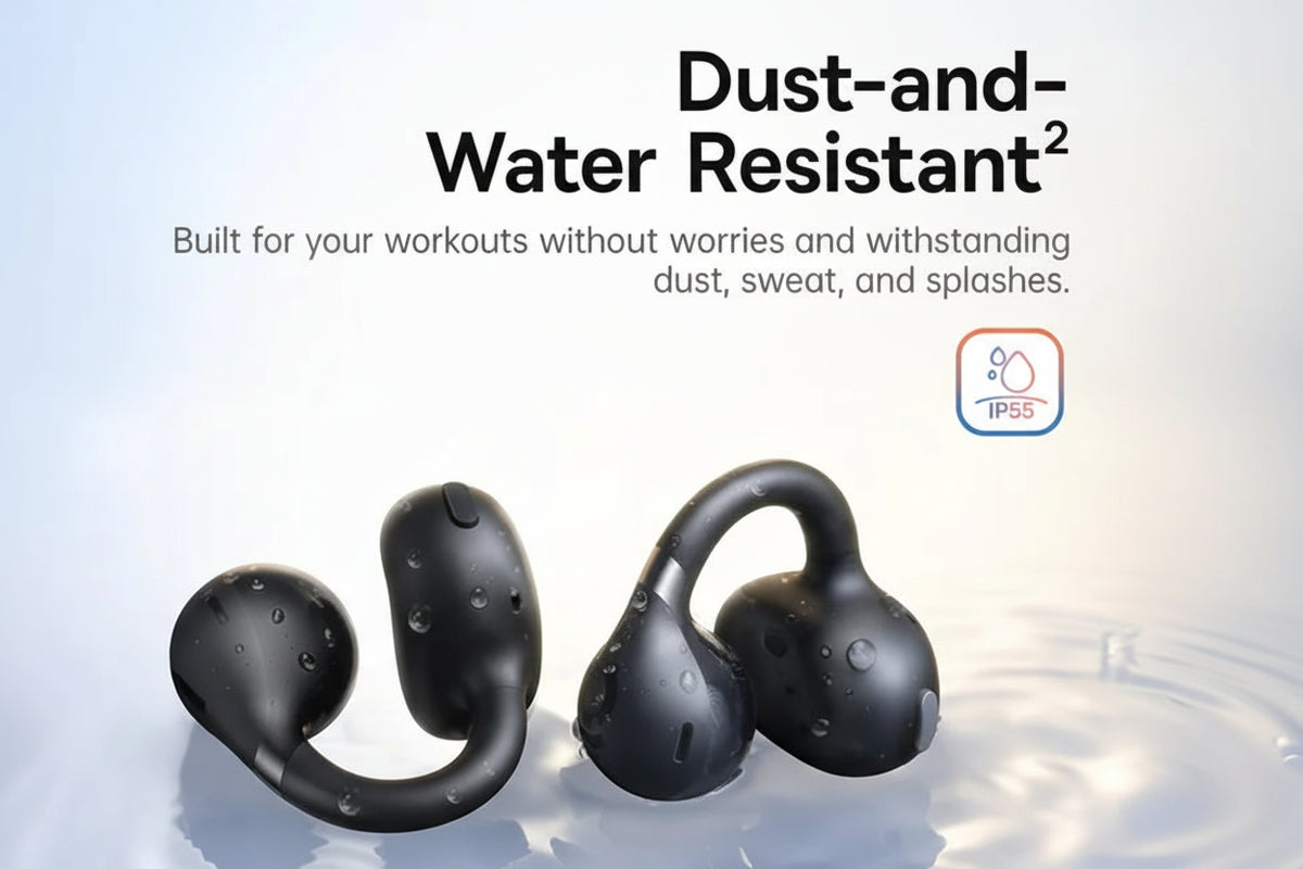 Black wireless earbuds with water resistance feature on a light background, featuring the Baseus brand.
