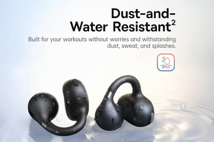 Black wireless earbuds with water resistance feature on a light background, featuring the Baseus brand.