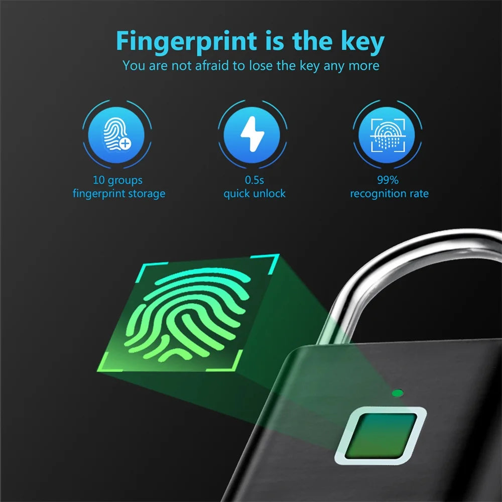 Smart Fingerprint Padlock Keyless USB Rechargeable IP67