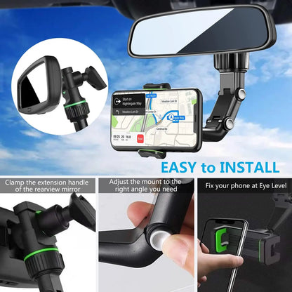 Car phone mount with installation instructions against a blue sky background