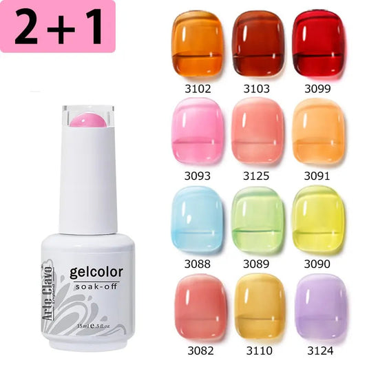 Gel color bottle with nail sample swatches on a white background