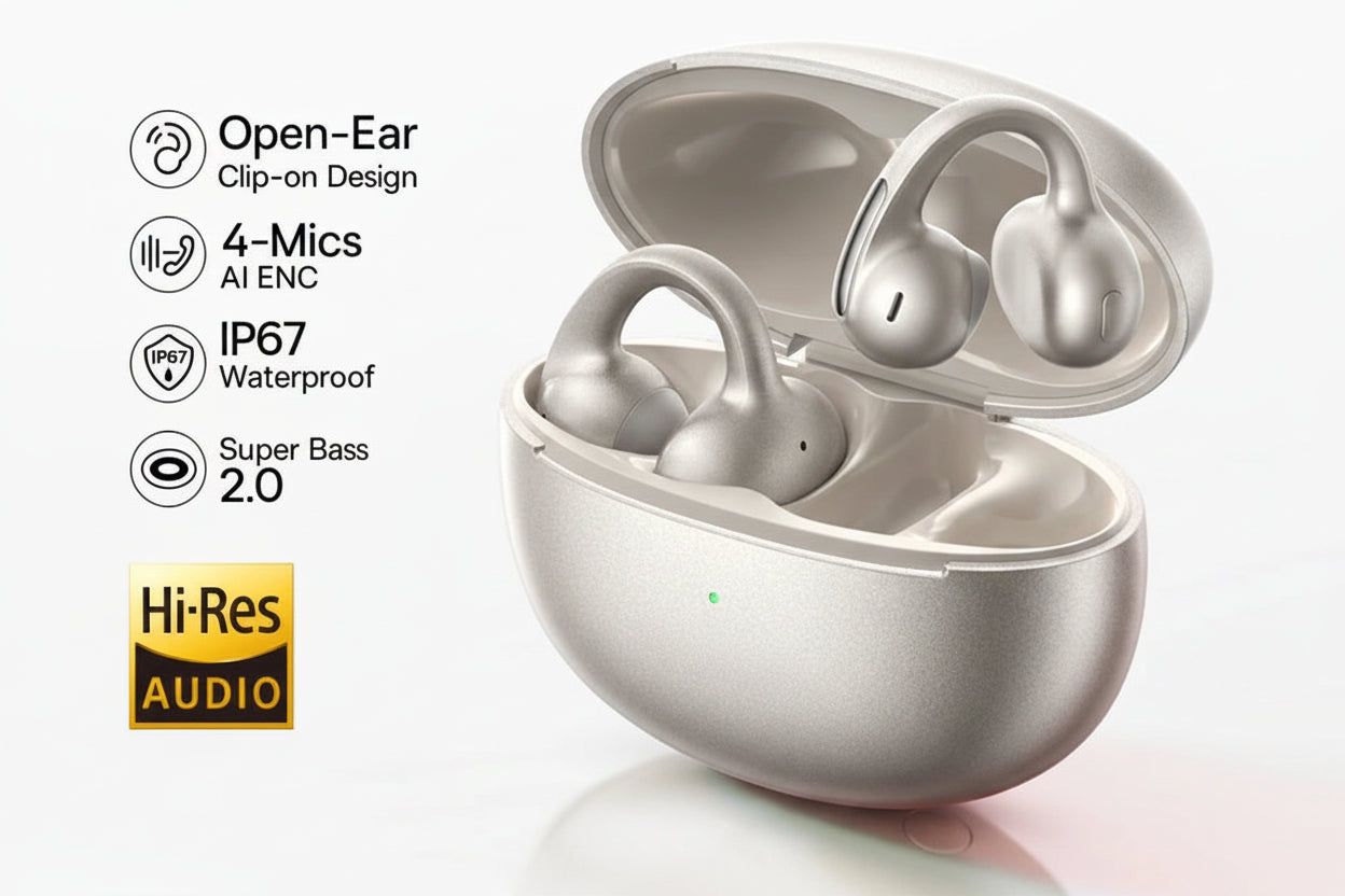 Baseus open-ear wireless earbuds with charging case on a white background