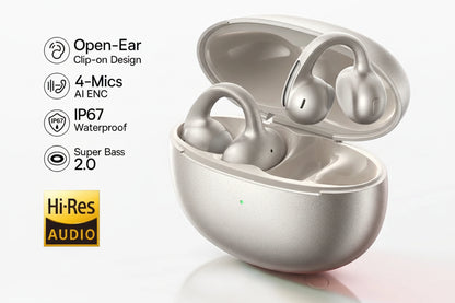 Baseus open-ear wireless earbuds with charging case on a white background