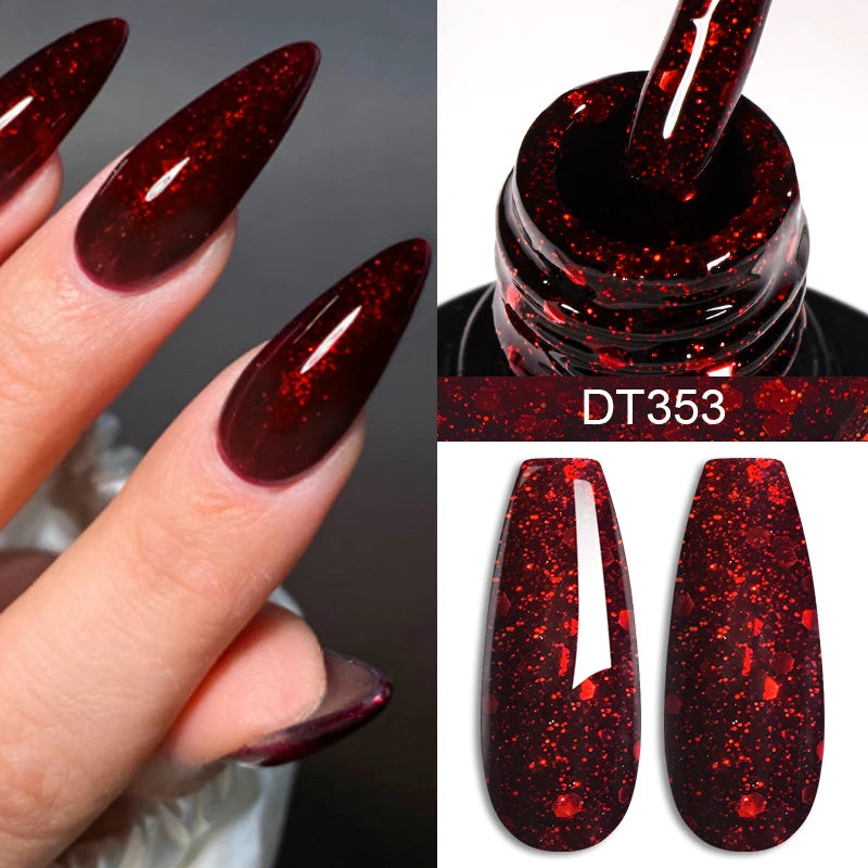 Red glitter nail polish with application on nails and bottle cap.
