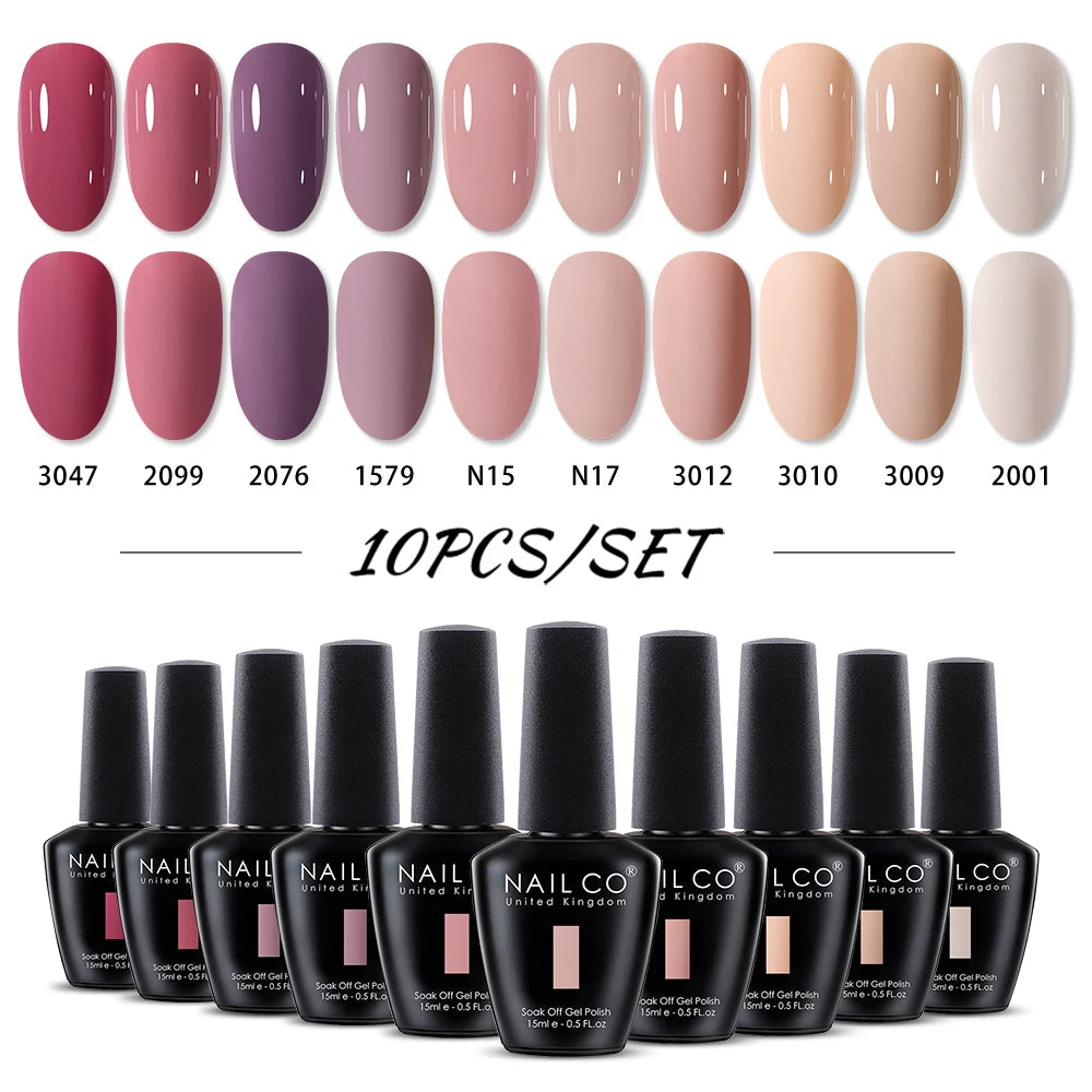 Set of nail polish bottles with corresponding color swatches on a white background