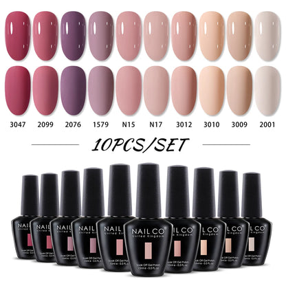 Set of nail polish bottles with corresponding color swatches on a white background