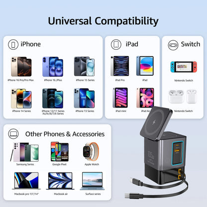 Universal compatibility chart with various electronic devices and a charging adapter.