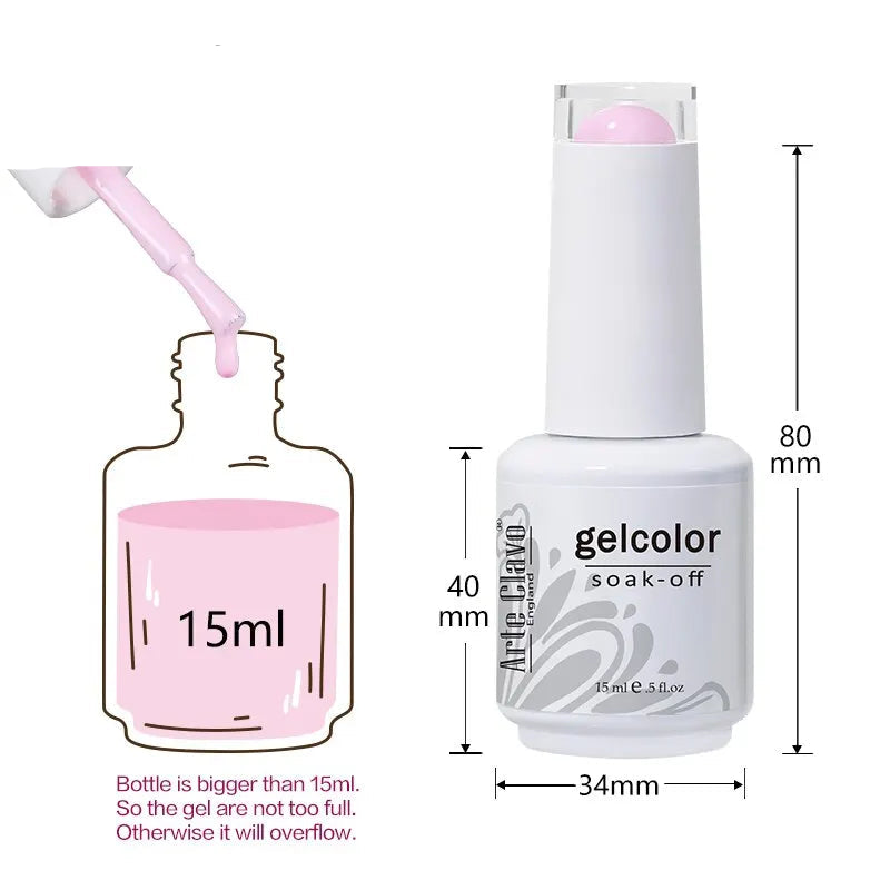 Gel nail polish bottle with measurement details and 'Arte Clavo' branding.