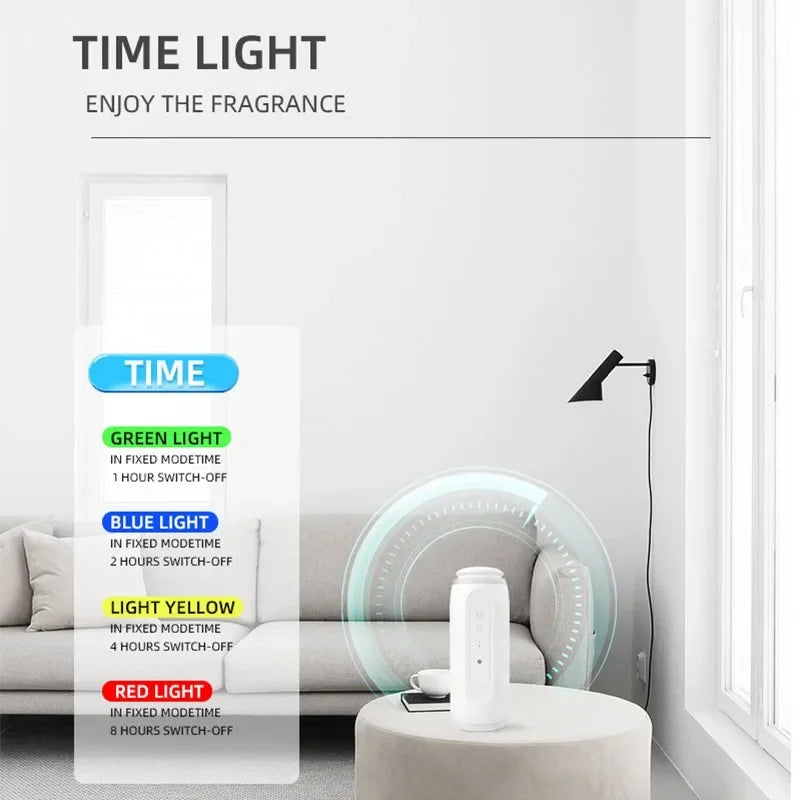 Time light device with color-coded lights in a modern living room setting