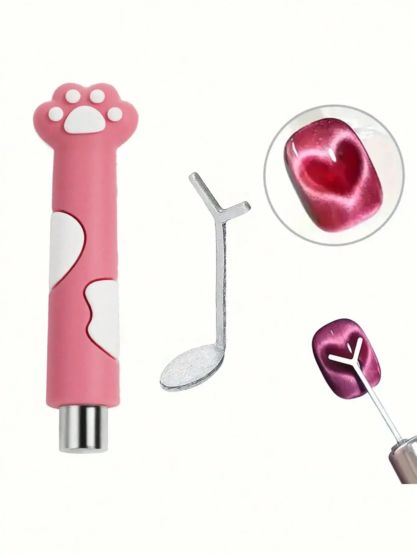 Pink grooming tool with paw design and heart-shaped gel on a white background