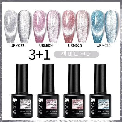 Set of nail gel polishes with glittery finishes and matching bottles labeled 'SUGAR'.