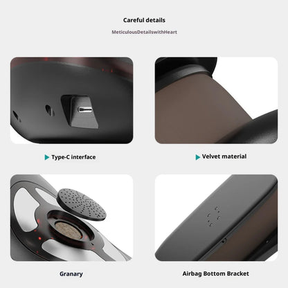 Product details with close-up images of a Type-C interface, velvet material, granary, and airbag bottom bracket.