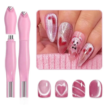 Pink nail art pen with nail designs and a close-up of nails with teddy bear and heart patterns.