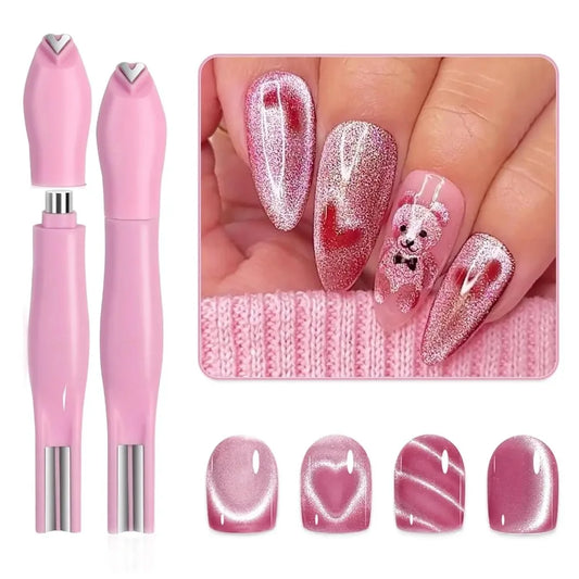 Pink nail art pen with nail designs and a close-up of nails with teddy bear and heart patterns.