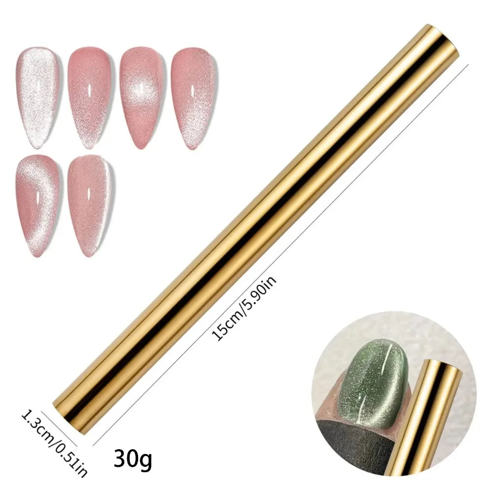 Gold tube with nail art design samples and measurements on a white background
