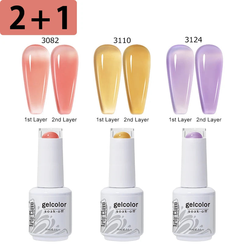 Three gel color bottles with nail color samples and layering instructions on a white background.