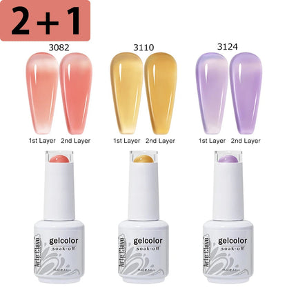 Three gel color bottles with nail color samples and layering instructions on a white background.