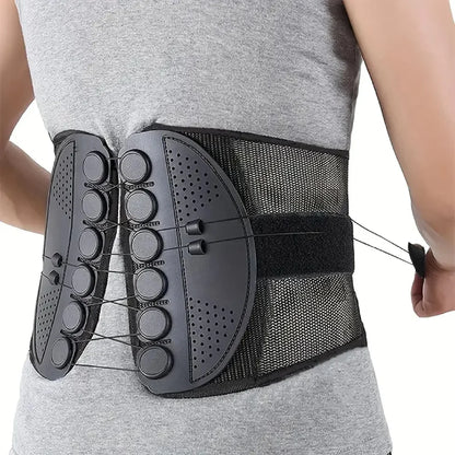 Black back brace worn by a person on a white background