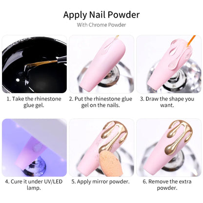 Step-by-step guide on applying nail powder with chrome powder, including images and text.