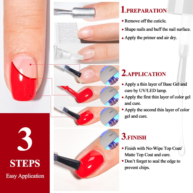 Step-by-step guide to applying red nail polish with close-up shots and text instructions.