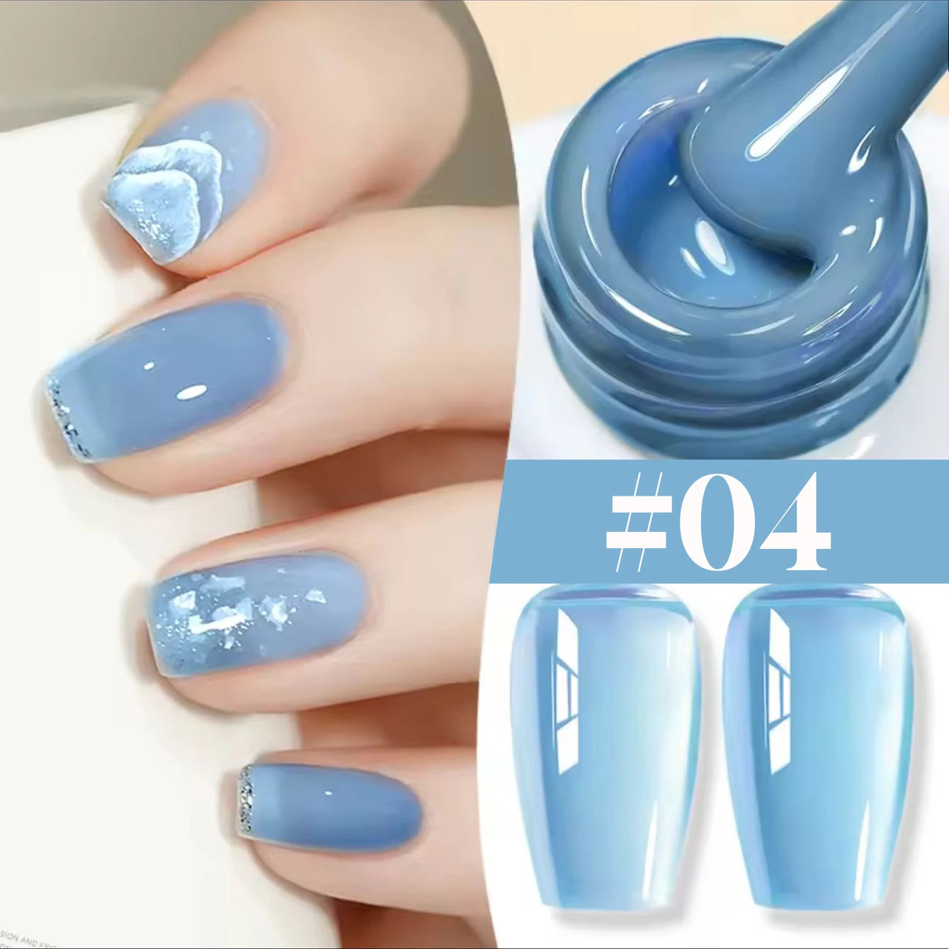 Nail polish with a blue color swatch and a hand with painted nails.