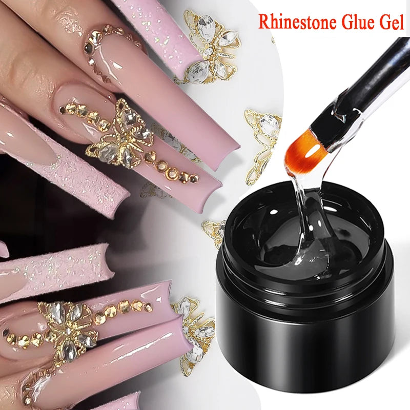 Nails with rhinestone decorations and a container of rhinestone glue gel.