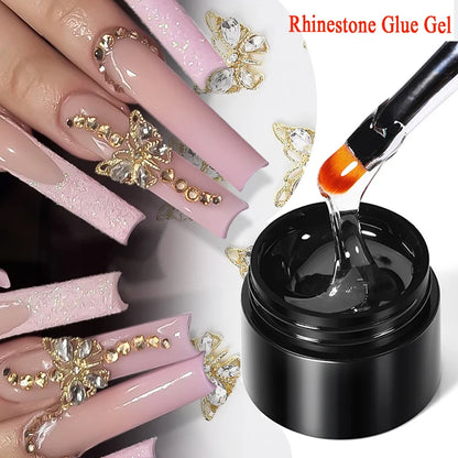 Nails with rhinestone decorations and a container of rhinestone glue gel.