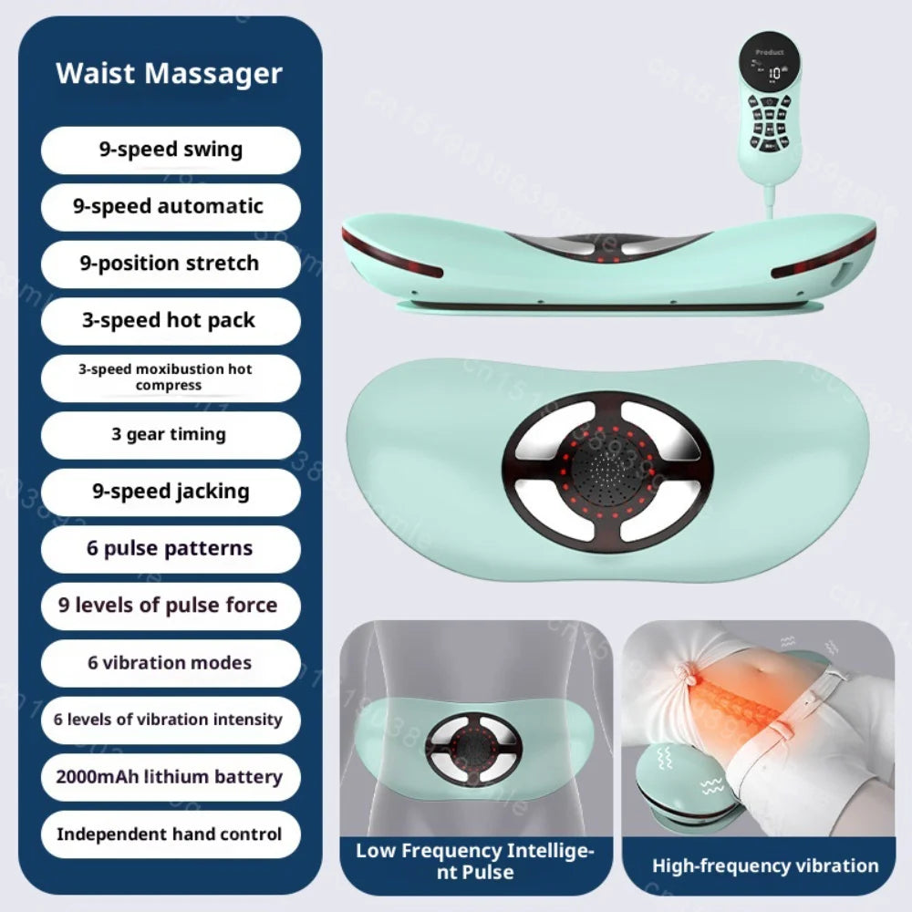 Waist massager with features listed on a blue background