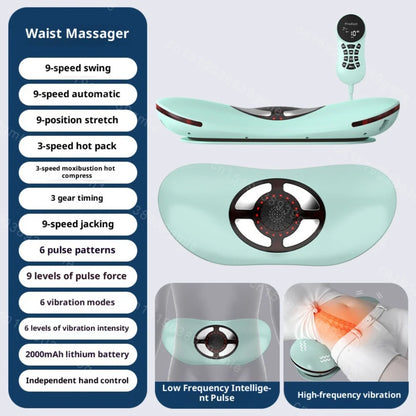Waist massager with features listed on a blue background
