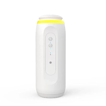 White electronic device with a yellow accent on a white background