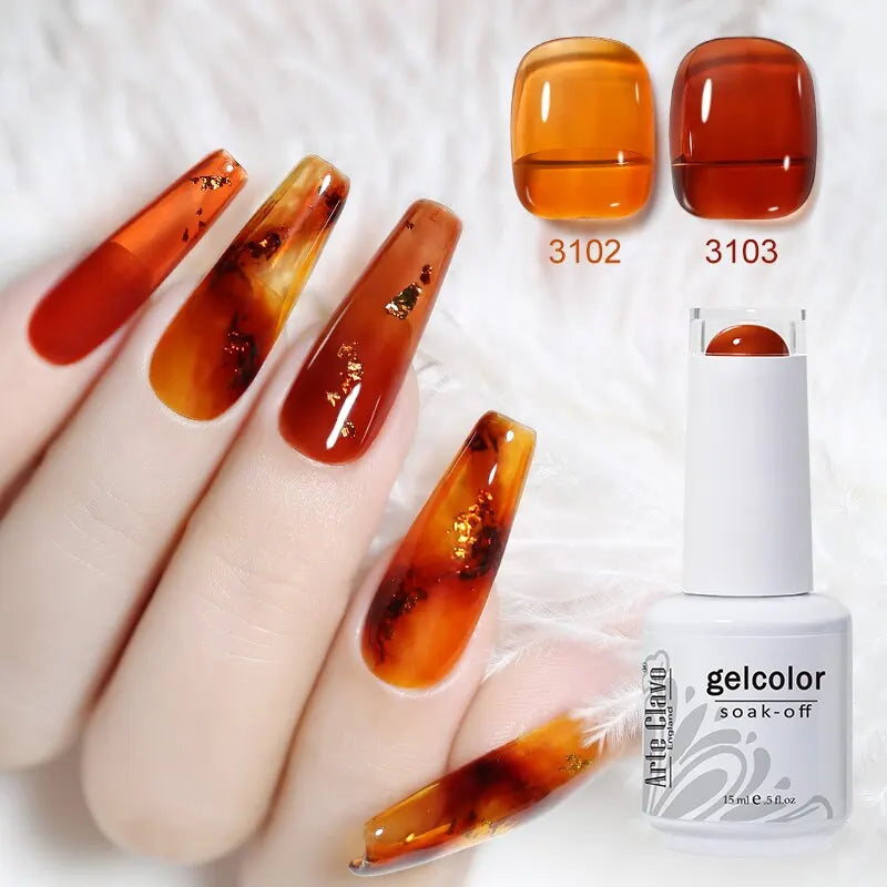 Nails with gradient orange and brown design, gelcolor bottle, and swatches on a white background
