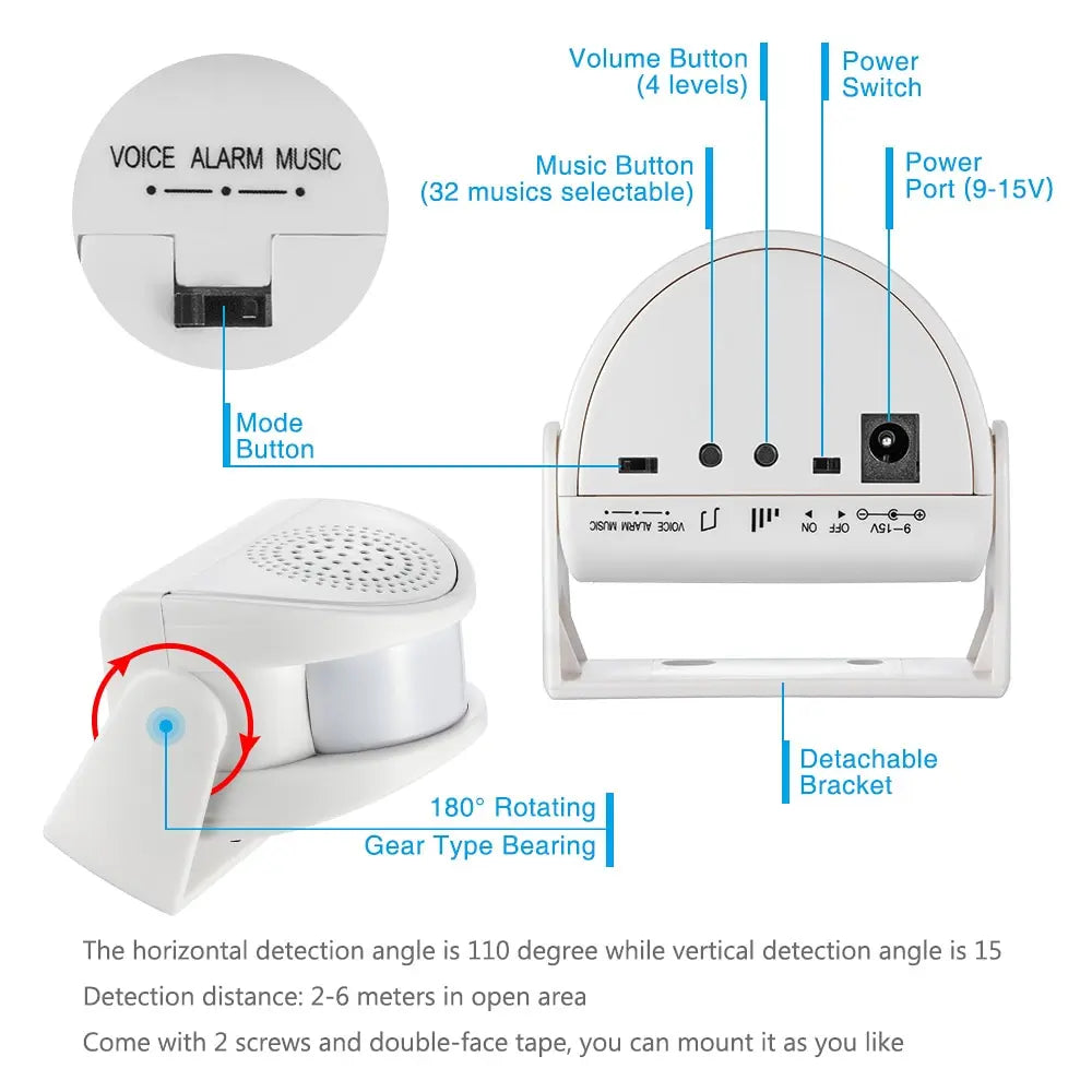 Wireless PIR Welcome Chime Blue LED 32 Songs