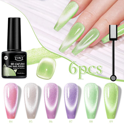 VOKY 9D Cat Eye Gel Nail Polish with green and pink gradient nails on a white background