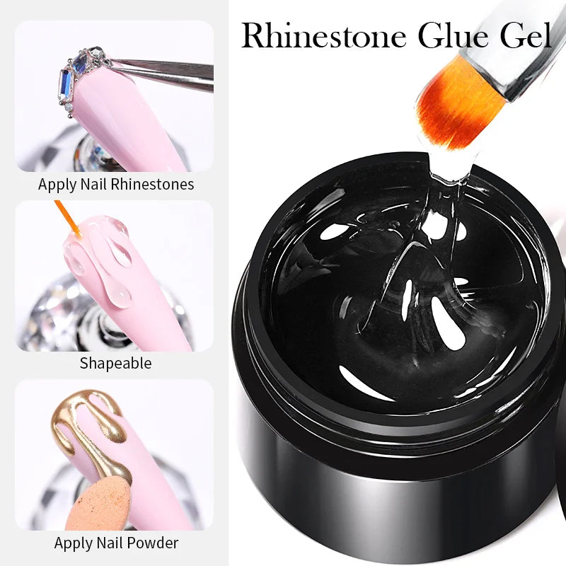 Black rhinestone glue gel with a brush and nail application instructions on a white background