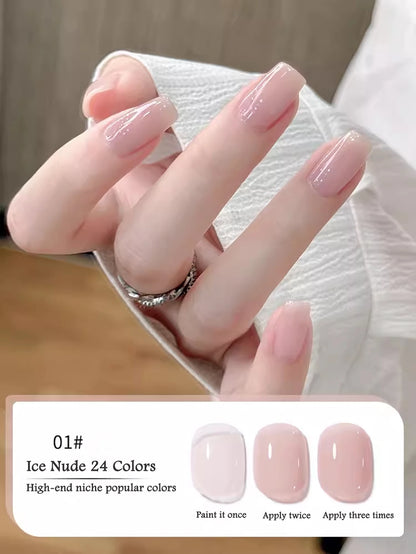 Hand with pink nail polish and color swatches labeled 'Ice Nude 24 Colors' on a neutral background.