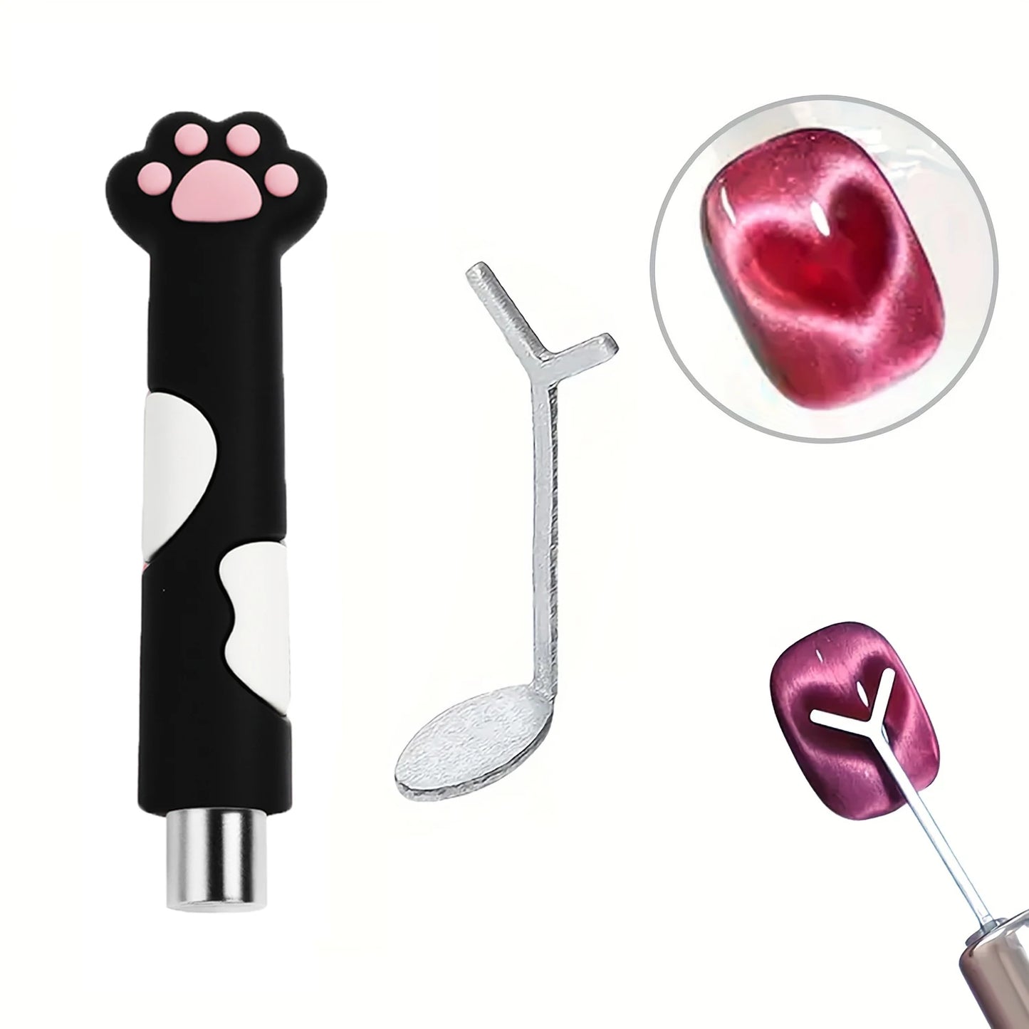 Cat-shaped nail tool with a close-up of a pink gel-like substance.