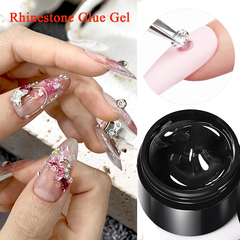 Nail art with rhinestones and a container of rhinestone glue gel.