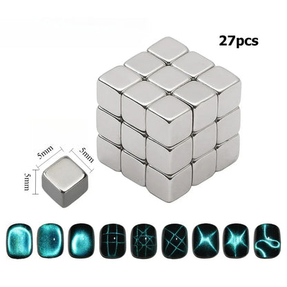 Set of 27 silver magnetic cubes with a sample cube and glow-in-the-dark cube images on a white background.