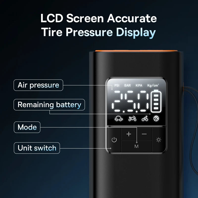 Digital tire pressure monitor with LCD screen displaying air pressure, battery life, and mode options on a dark background.