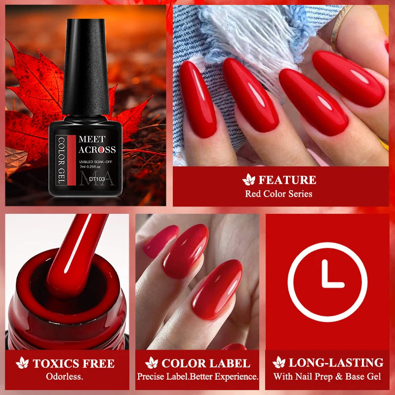 Collage of red nail polish bottle, application on nails, and text highlighting features.