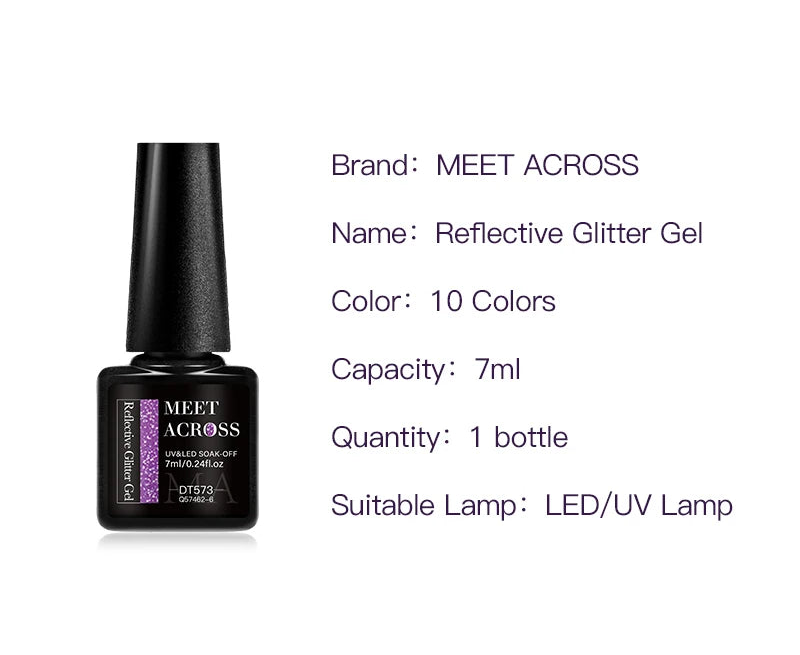 Reflective Glitter Gel bottle with product details on a white background