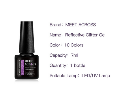Reflective Glitter Gel bottle with product details on a white background